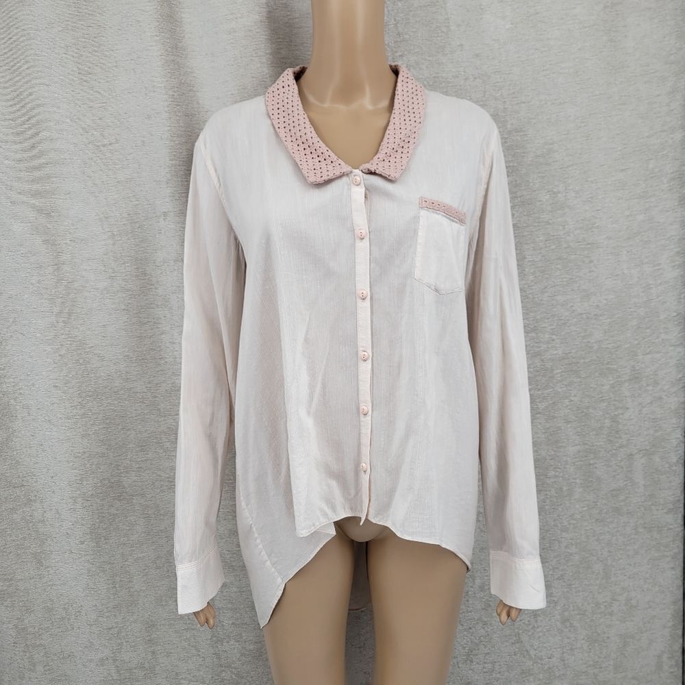 The Addison Story Blush Pink Stripe Silk Cotton Hi-lo Blouse Open Back Crochet